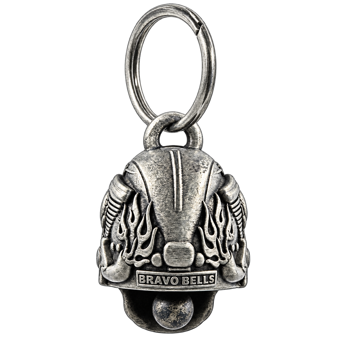 Back of Motorhead skull motorcycle bell showing antiqued pewter detailing