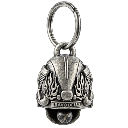 Back of Motorhead skull motorcycle bell showing antiqued pewter detailing
