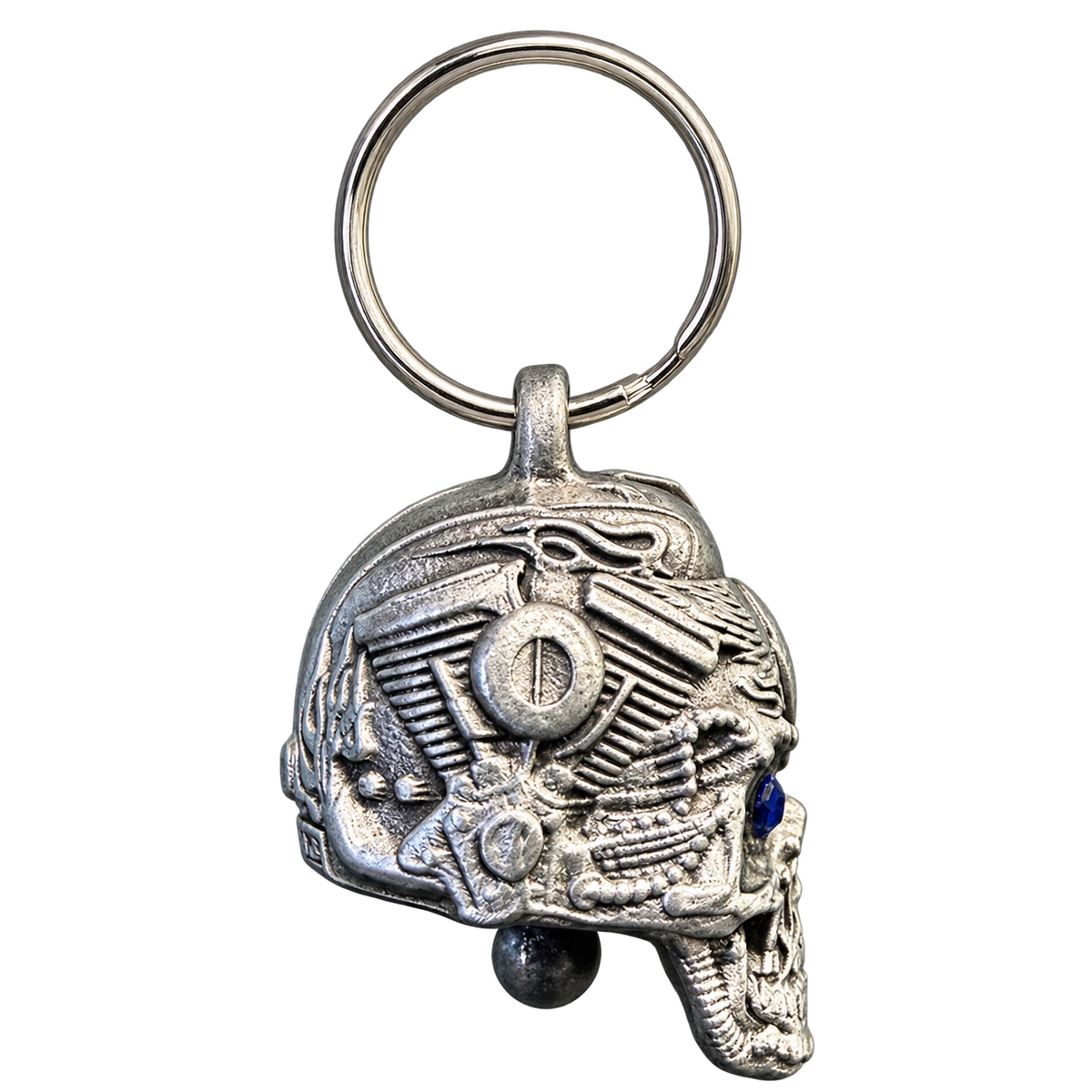 Right side of Motorhead skull bell with blue jeweled eyes and mechanical detailing