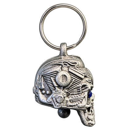 Right side of Motorhead skull bell with blue jeweled eyes and mechanical detailing