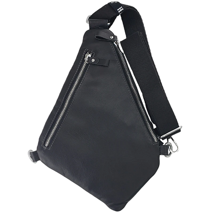 Black sling bag with zippers on the back side.