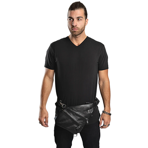 Man wearing a black leather waist bag.