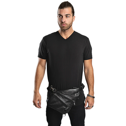 Man wearing a black leather waist bag.