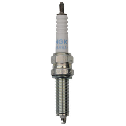 Close-up of NGK LMAR8A-9 spark plug showing ceramic insulator and metal threads