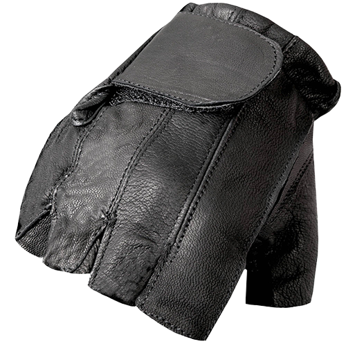 Black naked leather fingerless motorcycle gloves with padded gel palm and wrist closure
