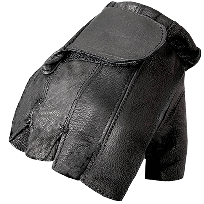 Black naked leather fingerless motorcycle gloves with padded gel palm and wrist closure