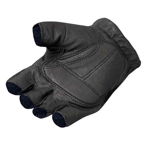 Leather fingerless riding gloves with padded palm and hook and loop wrist strap