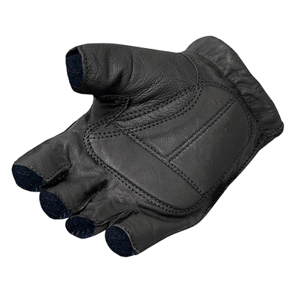 Leather fingerless riding gloves with padded palm and hook and loop wrist strap