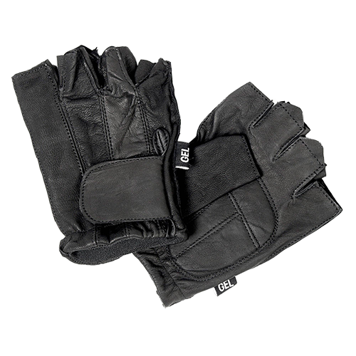 Black unlined fingerless motorcycle gloves with gel palm cushioning for reduced vibration