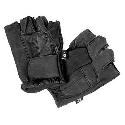 Black unlined fingerless motorcycle gloves with gel palm cushioning for reduced vibration