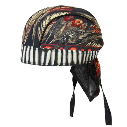Motorcycle headwrap with feather headdress design and adjustable ties