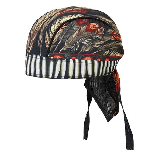 Motorcycle headwrap with feather headdress design and adjustable ties