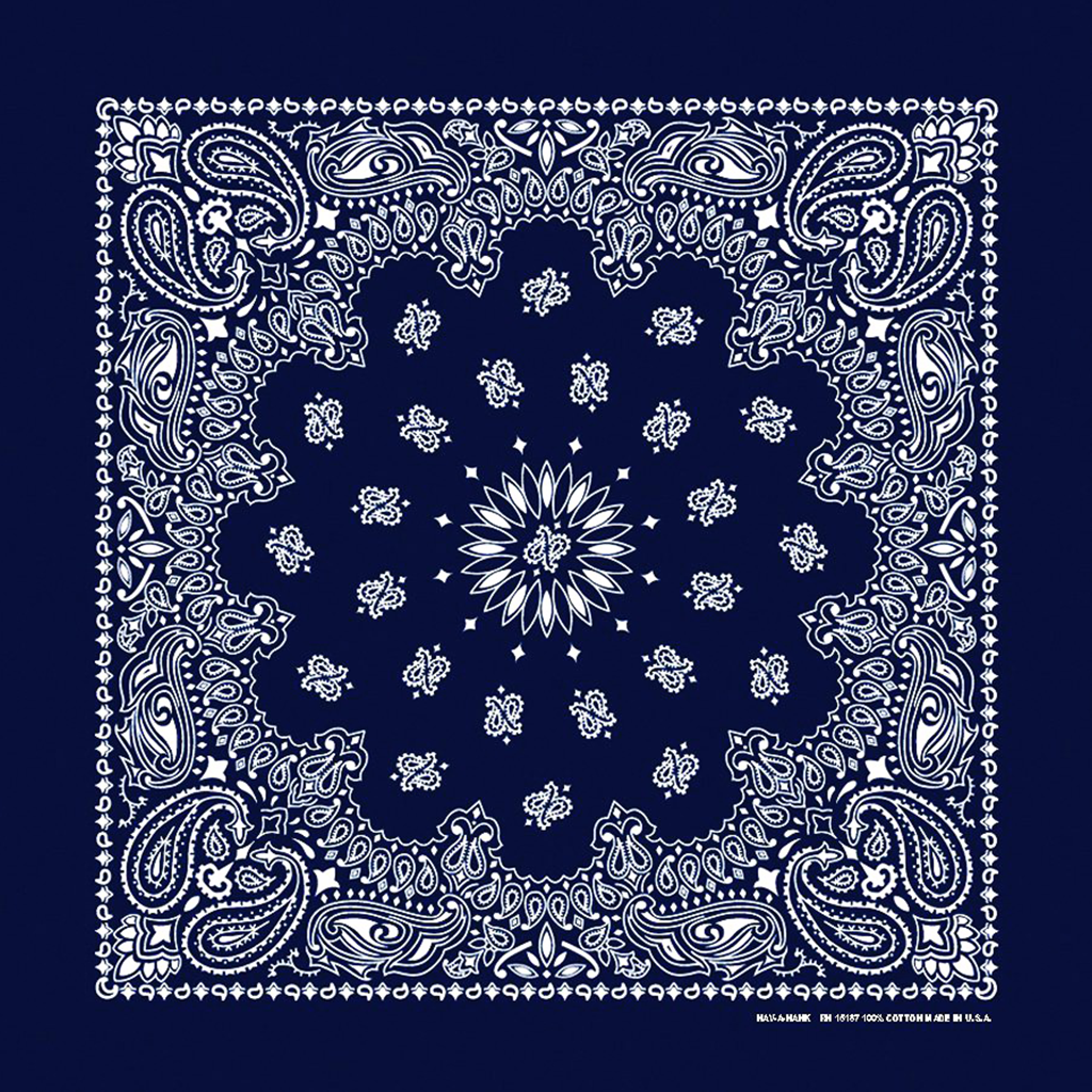 A navy blue bandana with a paisley pattern.