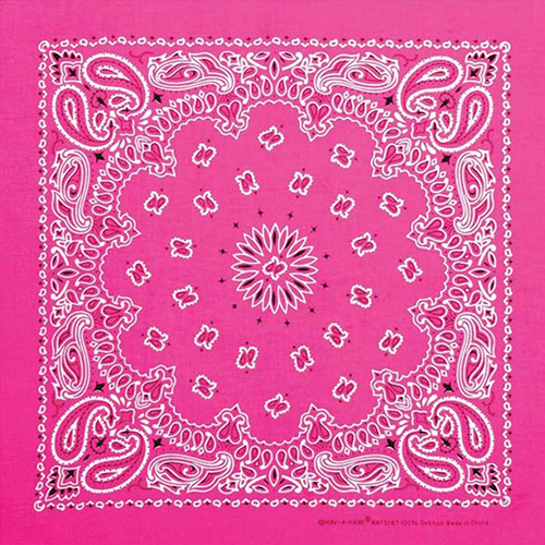 A neon pink paisley bandana with rolled-hem edges, displayed flat.