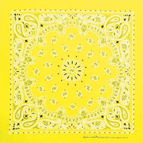 A neon yellow paisley bandana with rolled-hem edges displayed flat.