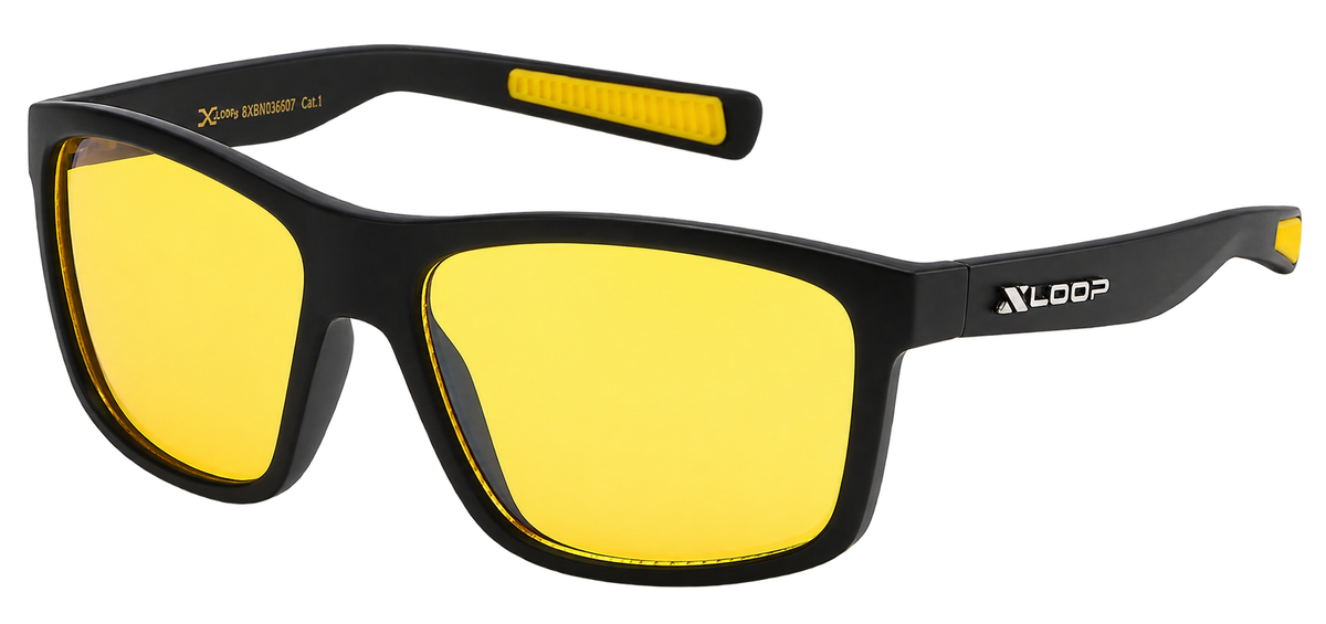 Nightshift yellow-lens sports-wrap sunglasses with a matte-black frame and yellow temple grips