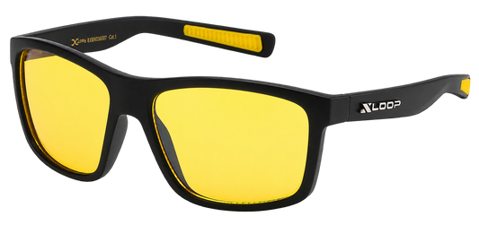 Nightshift yellow-lens sports-wrap sunglasses with a matte-black frame and yellow temple grips