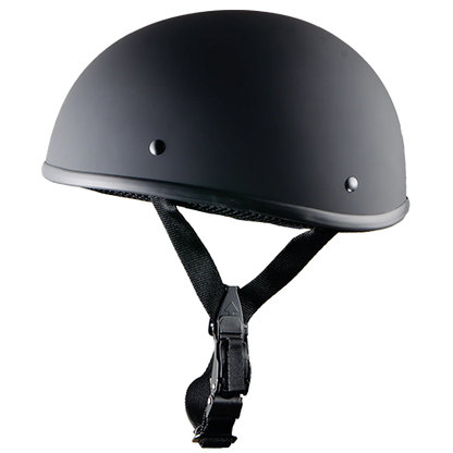 Flat black beanie helmet with no peak, featuring a chin strap and designed to sit low on the head.