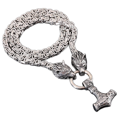 Stainless steel Thor's Hammer necklace with twin wolf head connectors.