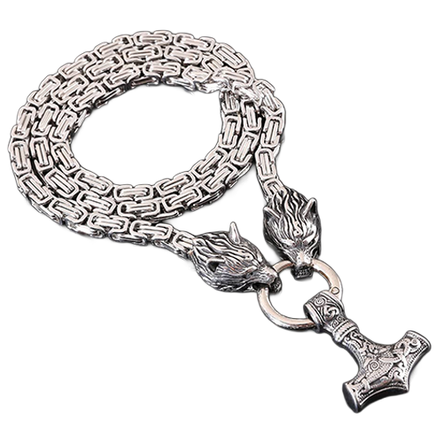 Stainless steel Thor's Hammer necklace with twin wolf head connectors.