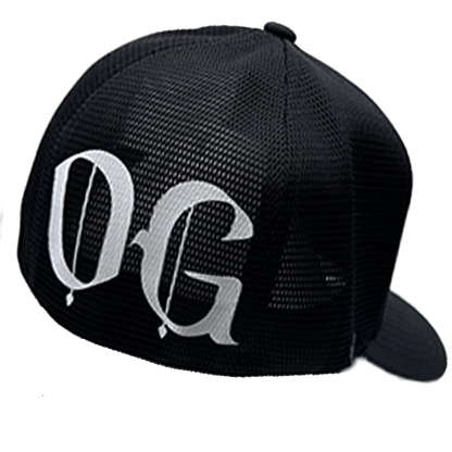 Black FlexFit Biker Hat With White Print