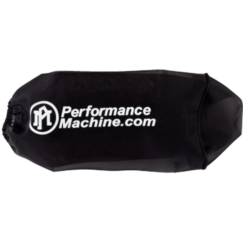 A black Performance Machine rain sock designed to cover a fast air intake cleaner for motorcycles