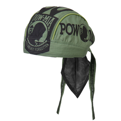 A green headwrap with the POW★MIA design, featuring a sewn-in sweatband and mesh lining.
