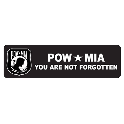 Black helmet sticker with POW MIA emblem and text you are not forgotten
