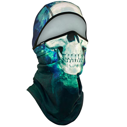 A balaclava featuring a bold paint skull design in muted colors on a black background