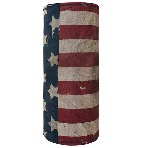 A cylindrical headgear with a patriotic design featuring stars and stripes in red, white, and blue colors.