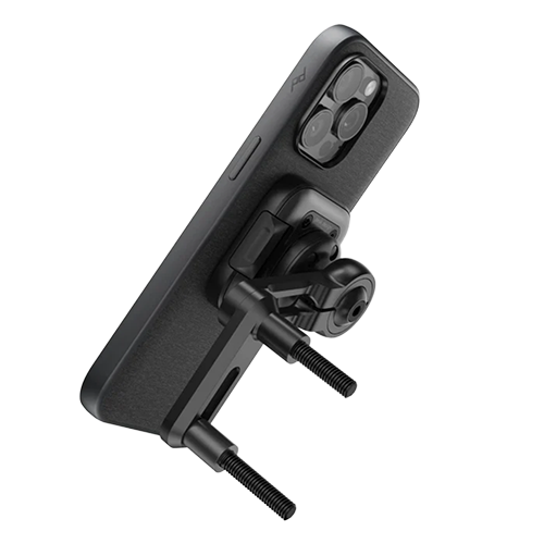 A Peak Design motorcycle mount that bolts to brake perch for clean handlebar setup