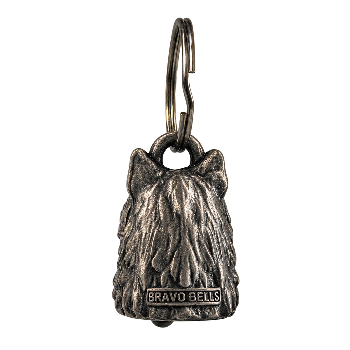 Wolf Head Bell rear view showing fur texture and Bravo Bells marking