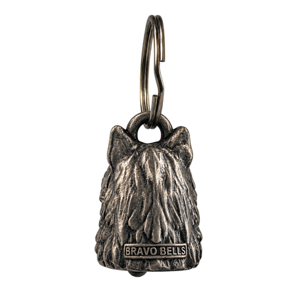 Wolf Head Bell rear view showing fur texture and Bravo Bells marking