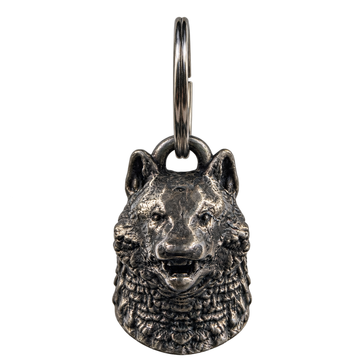 Wolf Head Bell front view showing pointed ears, open mouth and sculpted fur