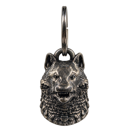 Wolf Head Bell front view showing pointed ears, open mouth and sculpted fur