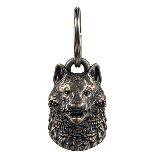 Wolf Head Bell front view showing pointed ears, open mouth and sculpted fur