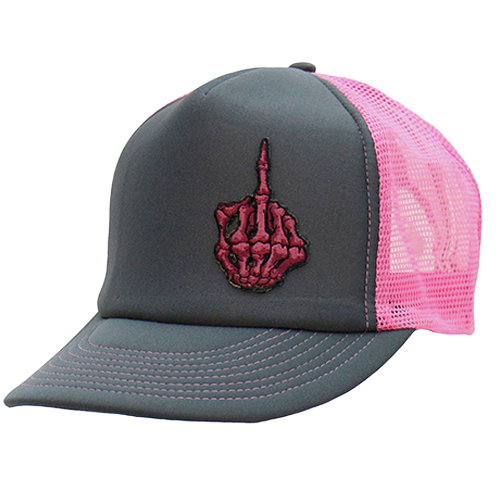 Black and hot pink skeleton finger trucker hat shown at an angle