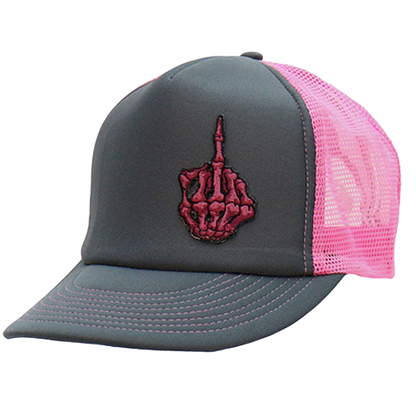 Black and hot pink skeleton finger trucker hat shown at an angle