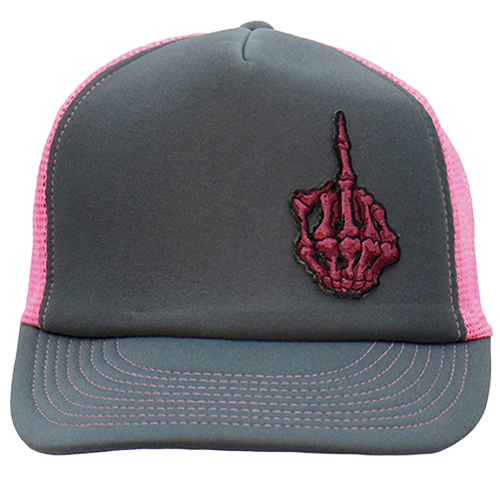 Front of black and pink trucker hat with skeleton middle-finger patch