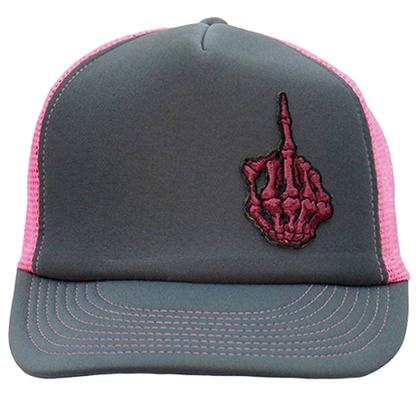 Front of black and pink trucker hat with skeleton middle-finger patch