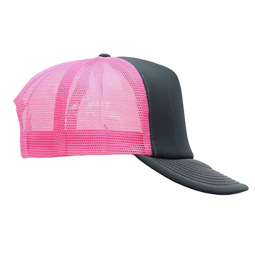 Right side of black trucker hat with hot pink mesh back