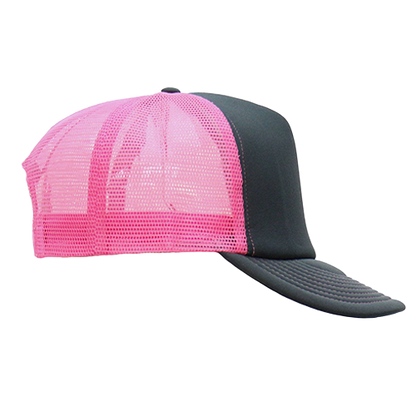 Right side of black trucker hat with hot pink mesh back