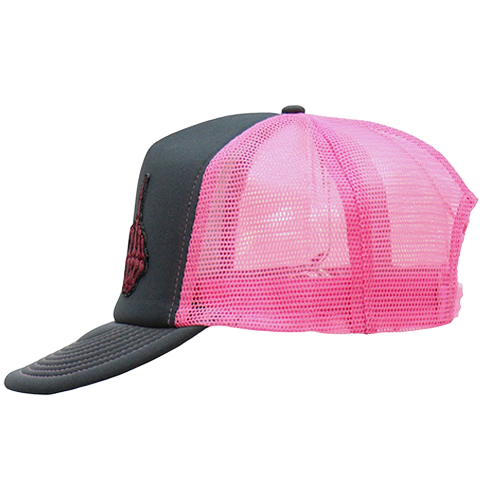 Left side of black trucker hat with hot pink mesh back
