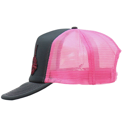 Left side of black trucker hat with hot pink mesh back