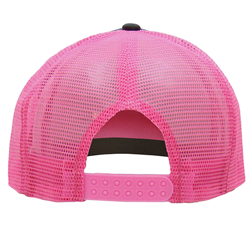 Back of hot pink mesh trucker hat with adjustable snapback closure