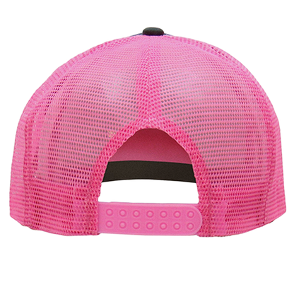 Back of hot pink mesh trucker hat with adjustable snapback closure