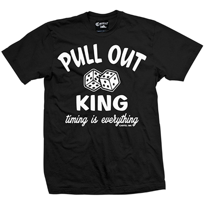 Black t-shirt with white text and dice graphics