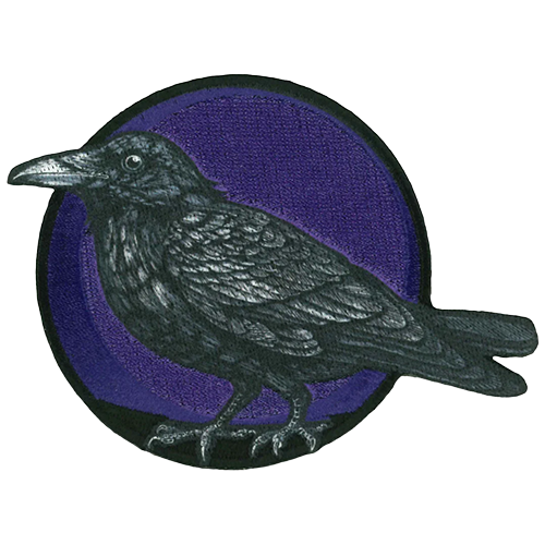 Black raven embroidered patch on purple background for motorcycle vest or jacket