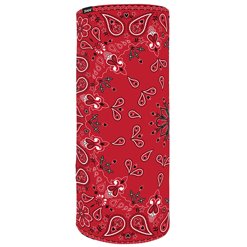 A red paisley patterned neck gaiter.