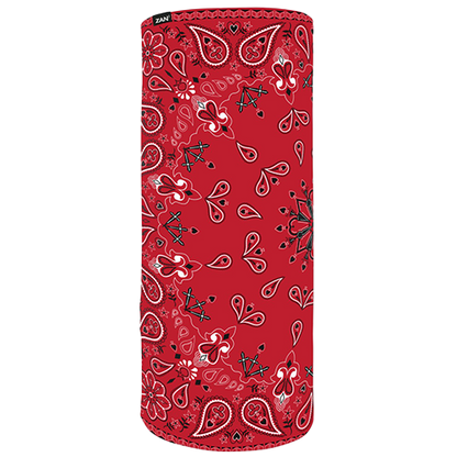 A red paisley patterned neck gaiter.